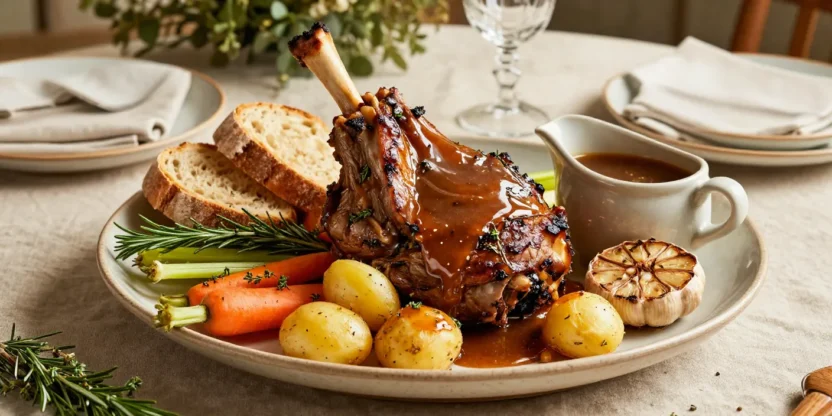 Slow Cooker Roast Lamb served with tender winter vegetables and rich herb gravy on an elegant platter.