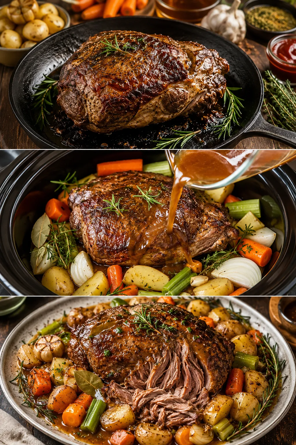 Slow Cooker Roast Lamb with winter vegetables during the cooking process from searing to the finished roast.