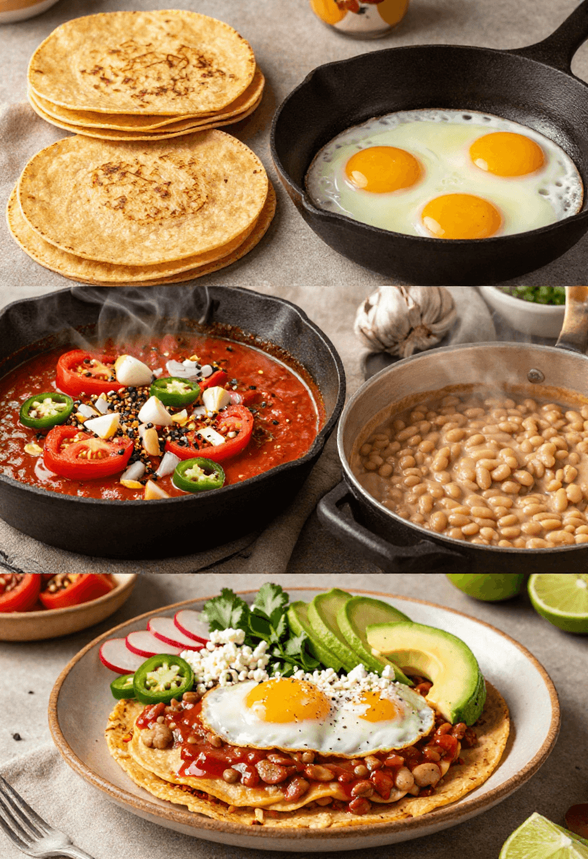 Step-by-step techniques for perfect Huevos Rancheros with crispy tortillas, runny eggs, and fresh toppings.