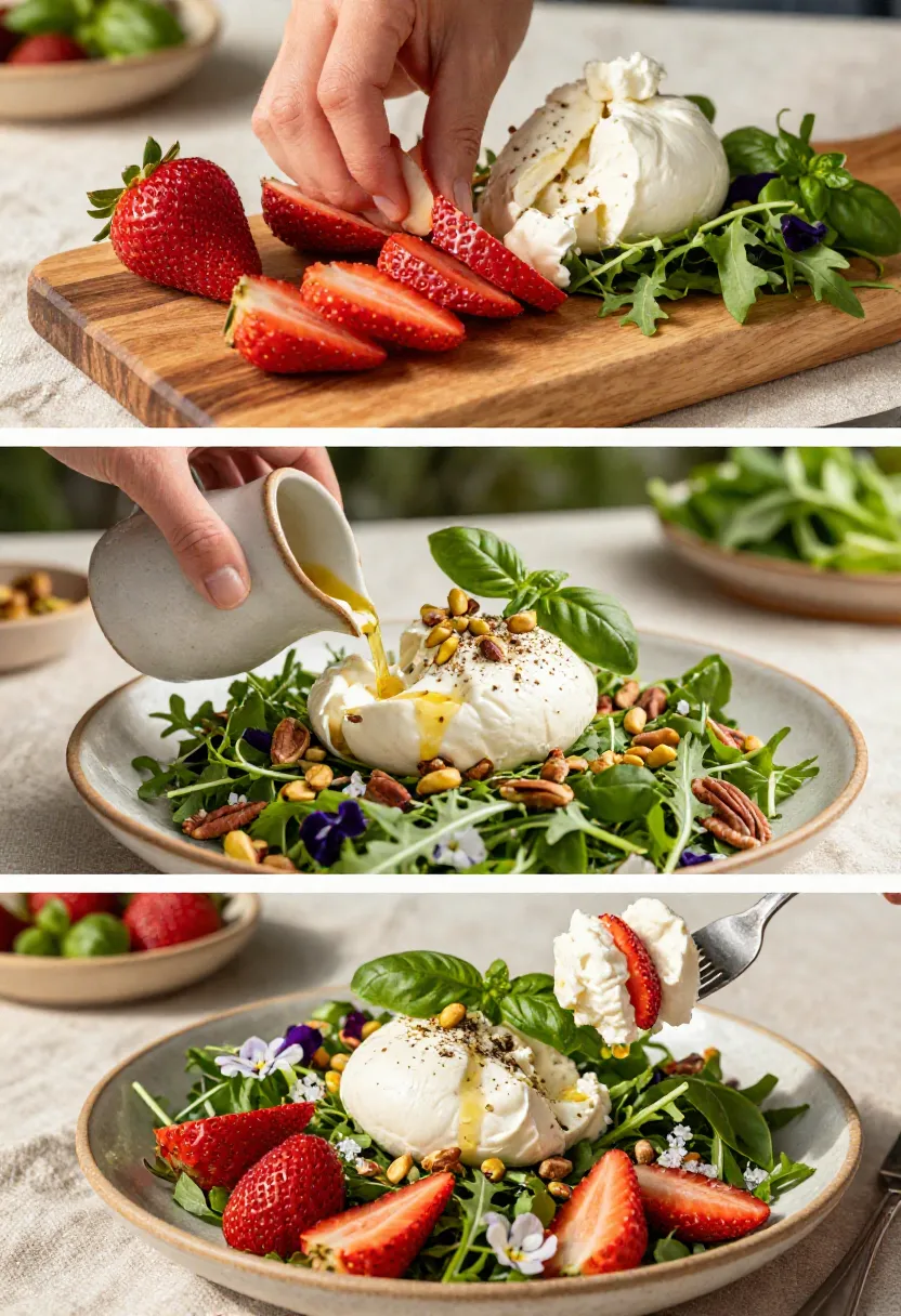 Fresh Strawberry Burrata Salad prepared with ripe strawberries, torn burrata, basil vinaigrette, and toasted nuts.