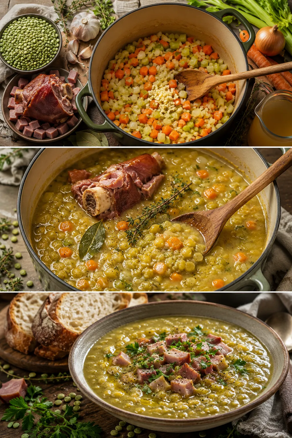 Vertical collage showing the step-by-step preparation of split pea soup with ham, from sautéing vegetables and slow simmering to serving a creamy homemade bowl.