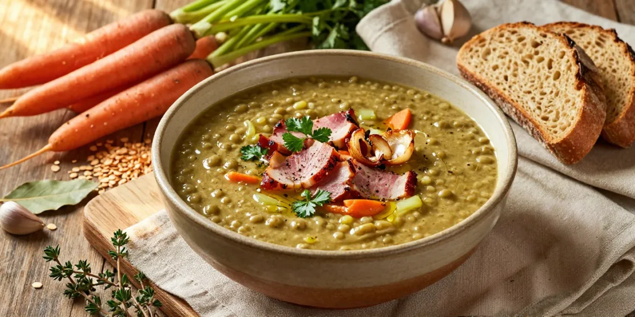 Creamy split pea soup with smoky ham, rustic artisan bread, and fresh herbs in an elegant farmhouse-style winter presentation.