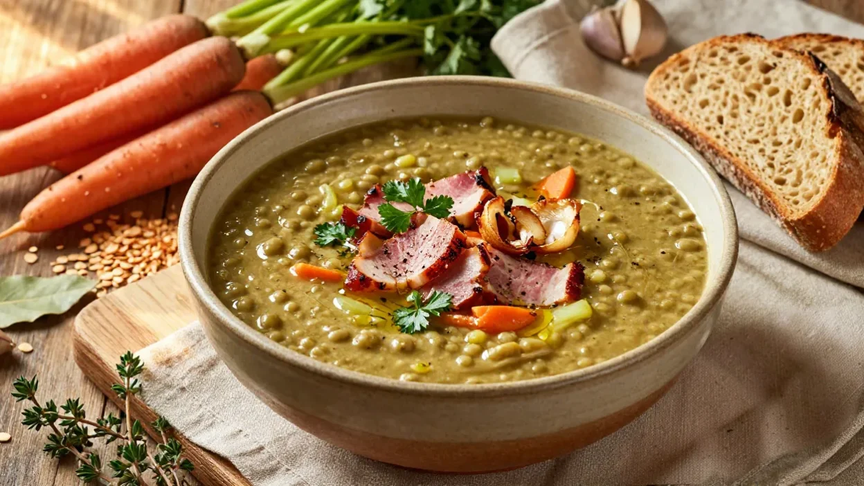 Creamy split pea soup with smoky ham, rustic artisan bread, and fresh herbs in an elegant farmhouse-style winter presentation.