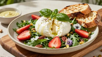 Strawberry Burrata Salad with creamy burrata, fresh strawberries, basil vinaigrette, and crisp greens.