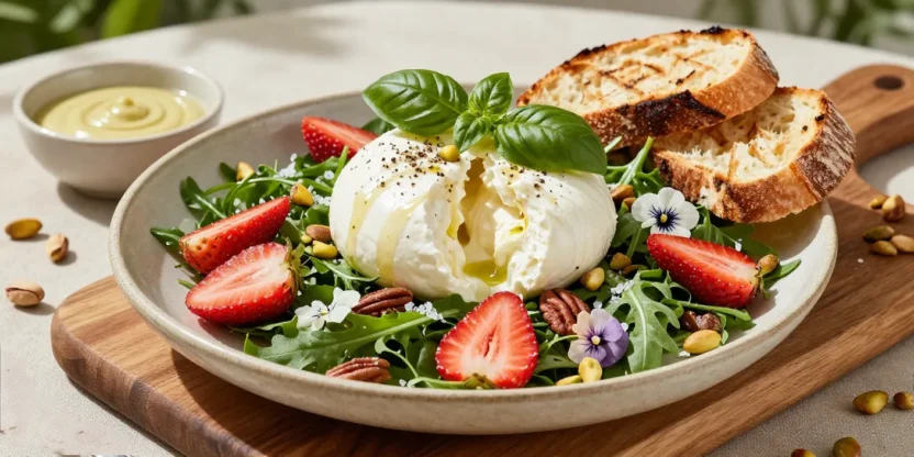 Strawberry Burrata Salad with creamy burrata, fresh strawberries, basil vinaigrette, and crisp greens.