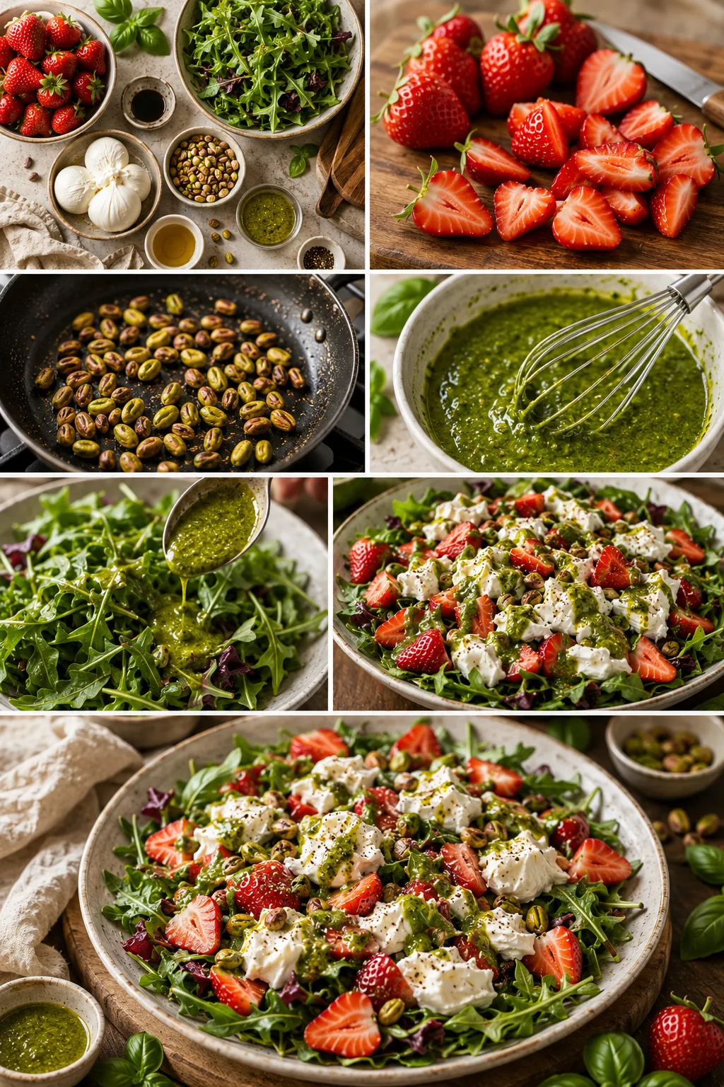 Fresh Strawberry Burrata Salad with basil vinaigrette, creamy burrata, strawberries, and toasted pistachios.