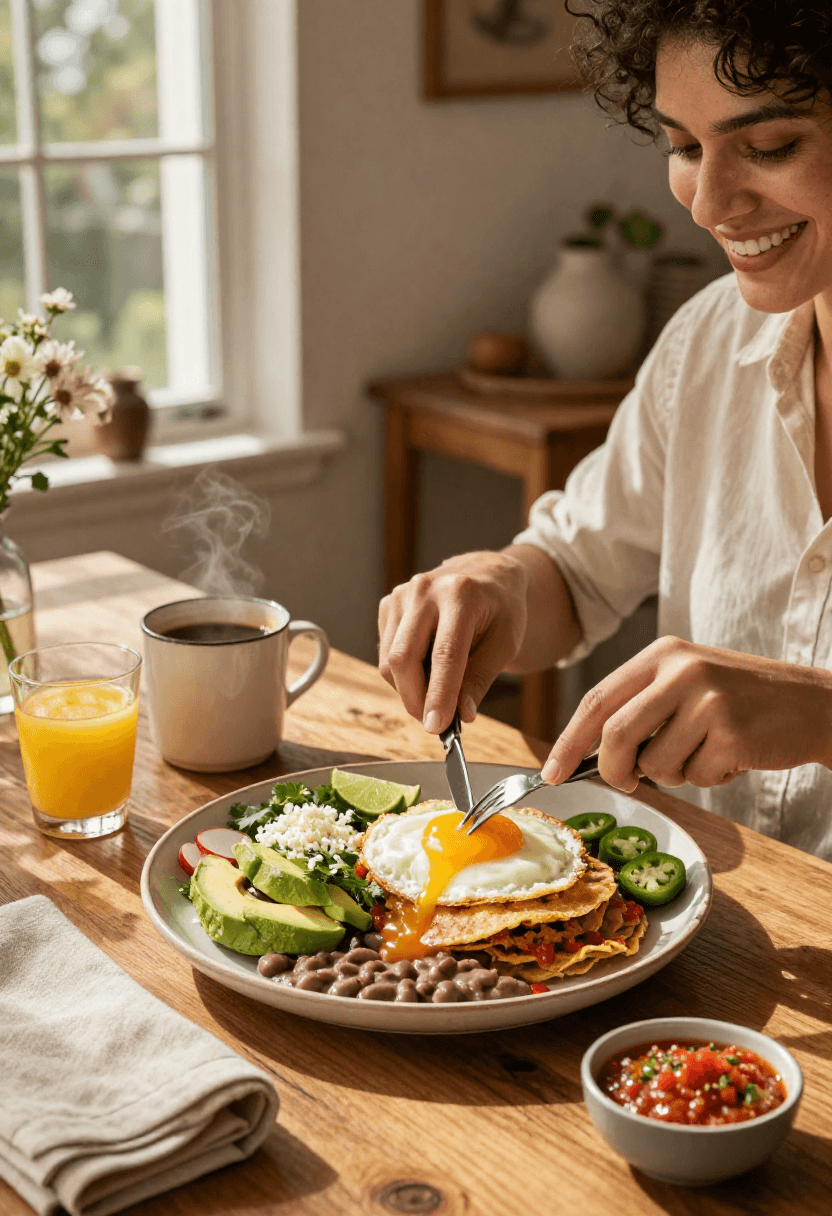 Person enjoying Huevos Rancheros in a cozy home breakfast setting with coffee and fresh toppings.