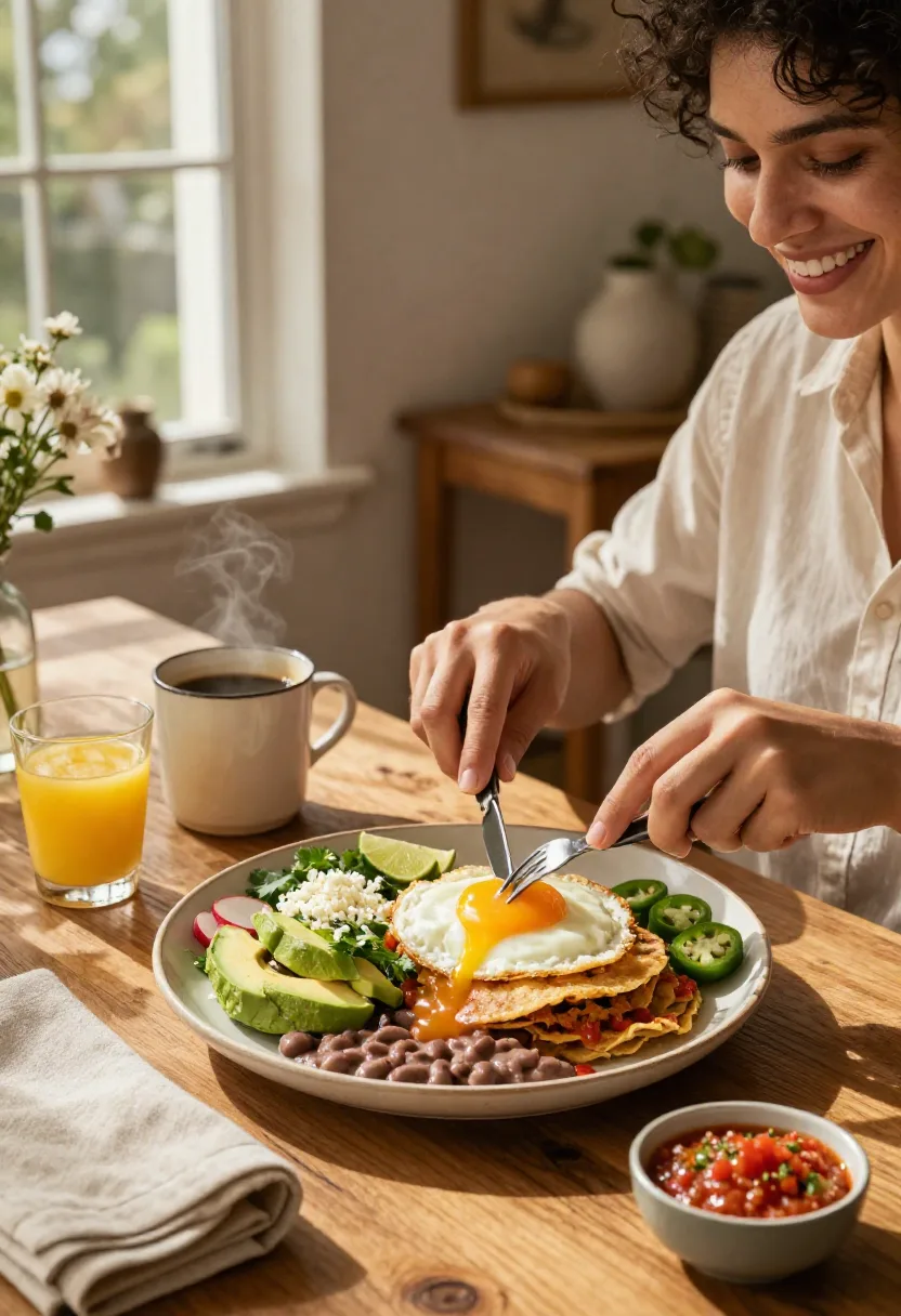 Person enjoying Huevos Rancheros in a cozy home breakfast setting with coffee and fresh toppings.