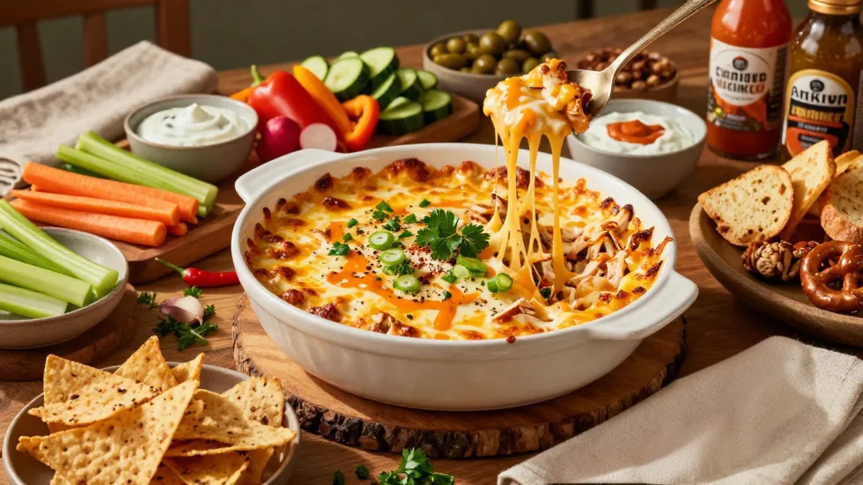 Creamy skinny buffalo chicken dip with melted cheese, shredded chicken, fresh herbs, and colorful dippers beautifully served on an elegant appetizer table.