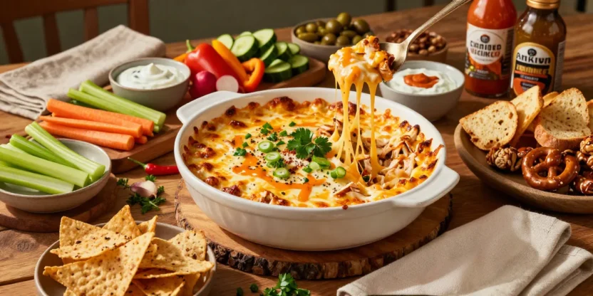 Creamy skinny buffalo chicken dip with melted cheese, shredded chicken, fresh herbs, and colorful dippers beautifully served on an elegant appetizer table.