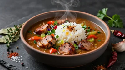 Authentic Louisiana chicken and sausage gumbo served over white rice in a rustic ceramic bowl with fresh herbs and Cajun seasoning.