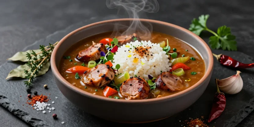 Authentic Louisiana chicken and sausage gumbo served over white rice in a rustic ceramic bowl with fresh herbs and Cajun seasoning.