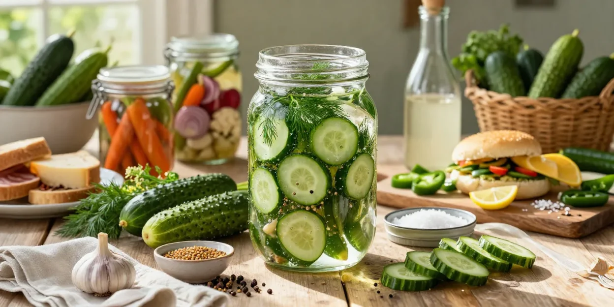 A large glass jar of homemade refrigerator pickles with crisp cucumbers, fresh dill, garlic, and spices in clear brine on a rustic wooden table.