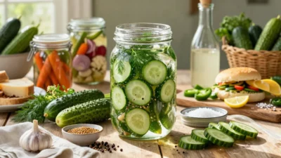 A large glass jar of homemade refrigerator pickles with crisp cucumbers, fresh dill, garlic, and spices in clear brine on a rustic wooden table.