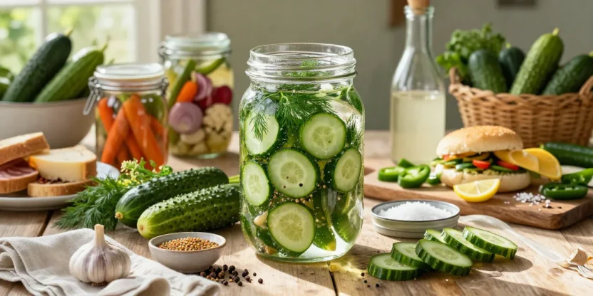 A large glass jar of homemade refrigerator pickles with crisp cucumbers, fresh dill, garlic, and spices in clear brine on a rustic wooden table.