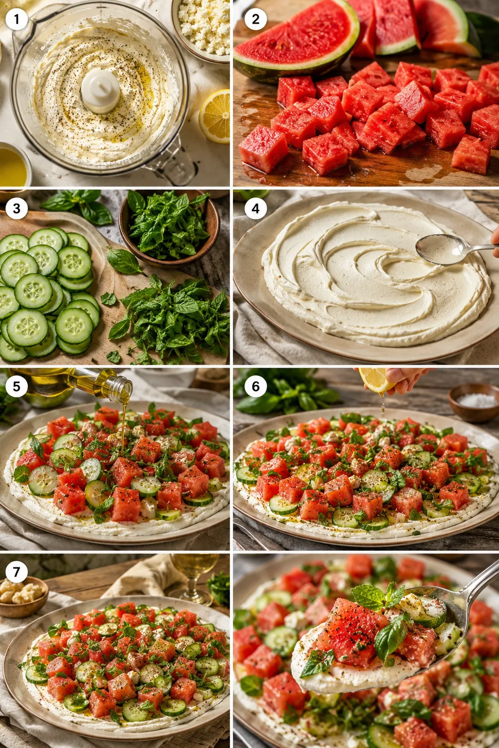Vertical collage showing the complete process of making Watermelon Salad with Whipped Feta, from blending the feta to assembling the finished salad.