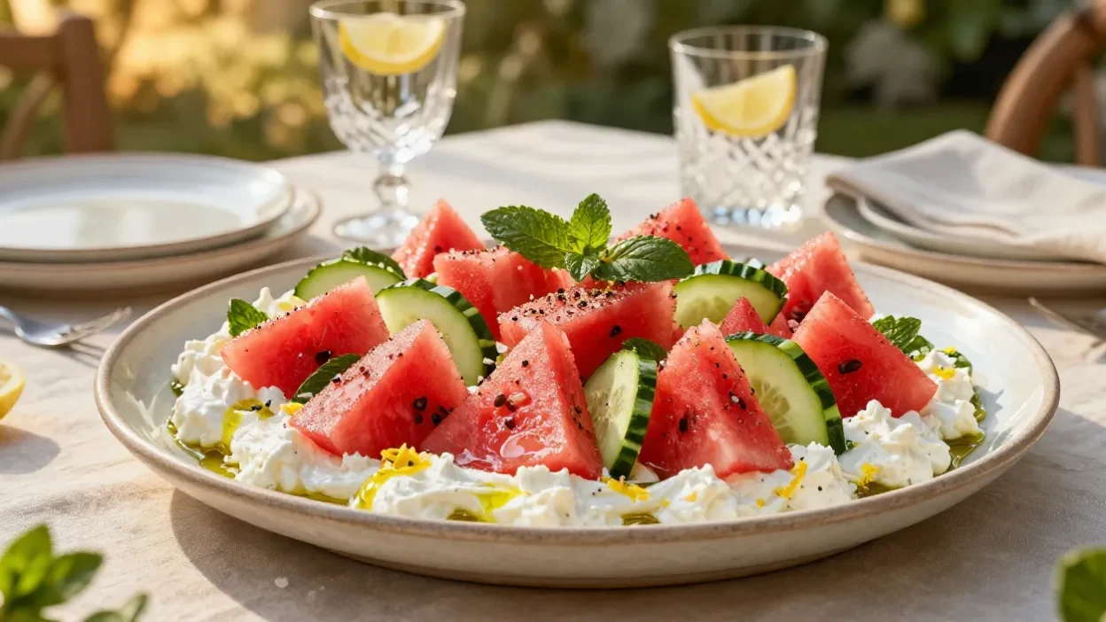 Elegant watermelon salad with whipped feta, cucumber, and fresh herbs beautifully served on a handcrafted ceramic platter.