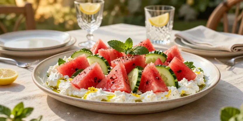 Elegant watermelon salad with whipped feta, cucumber, and fresh herbs beautifully served on a handcrafted ceramic platter.