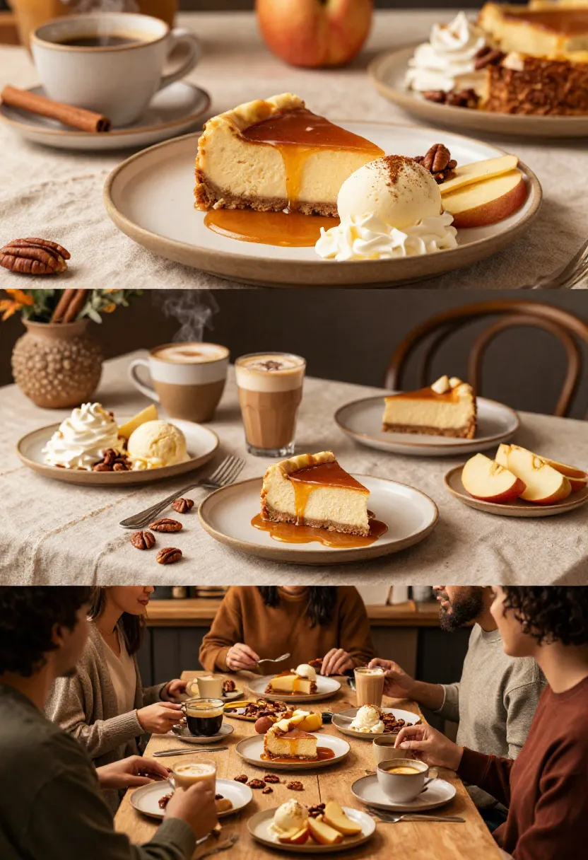 Collage of desserts: caramel-topped cheesecake slice with whipped cream, apple slices, pecans, and coffee on a table.