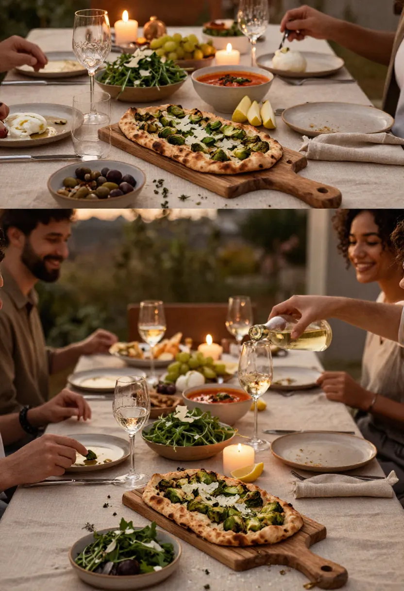 Vertical collage featuring three creative Brussels sprouts flatbread variations with seasonal toppings and artisanal presentation.