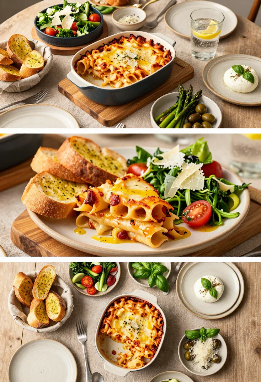 Baked ziti served with garlic bread, fresh salad, roasted vegetables, and Italian side dishes.