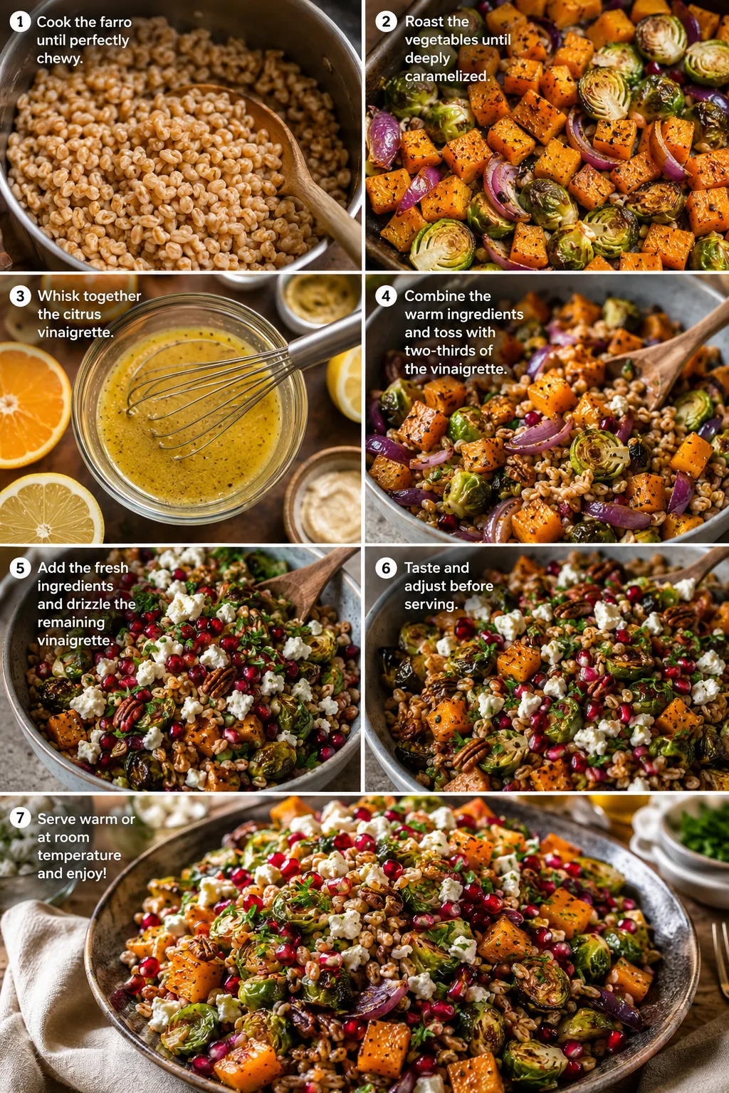 Vertical collage showing the complete process of making Winter Farro Salad, from roasting vegetables and cooking farro to assembling the finished dish.
