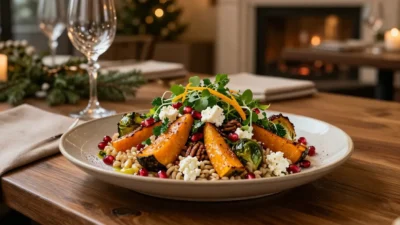 Restaurant-style Winter Farro Salad with roasted vegetables, feta, pecans, and pomegranate beautifully served on an elegant ceramic plate.