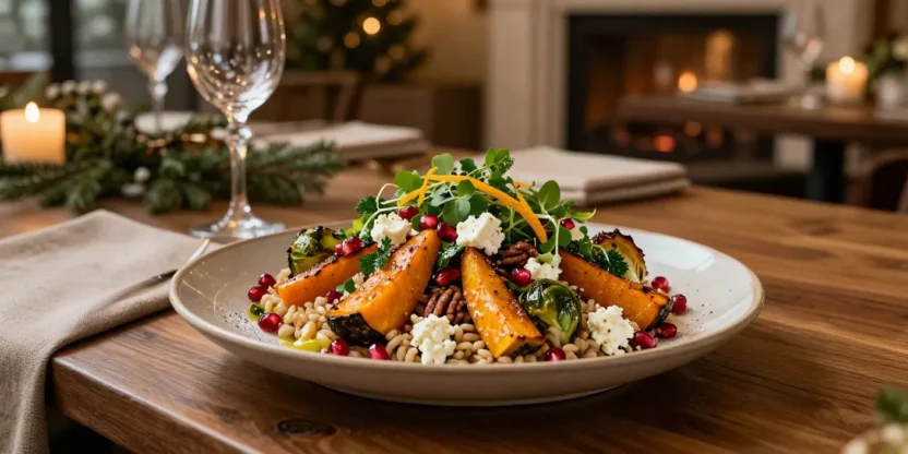 Restaurant-style Winter Farro Salad with roasted vegetables, feta, pecans, and pomegranate beautifully served on an elegant ceramic plate.
