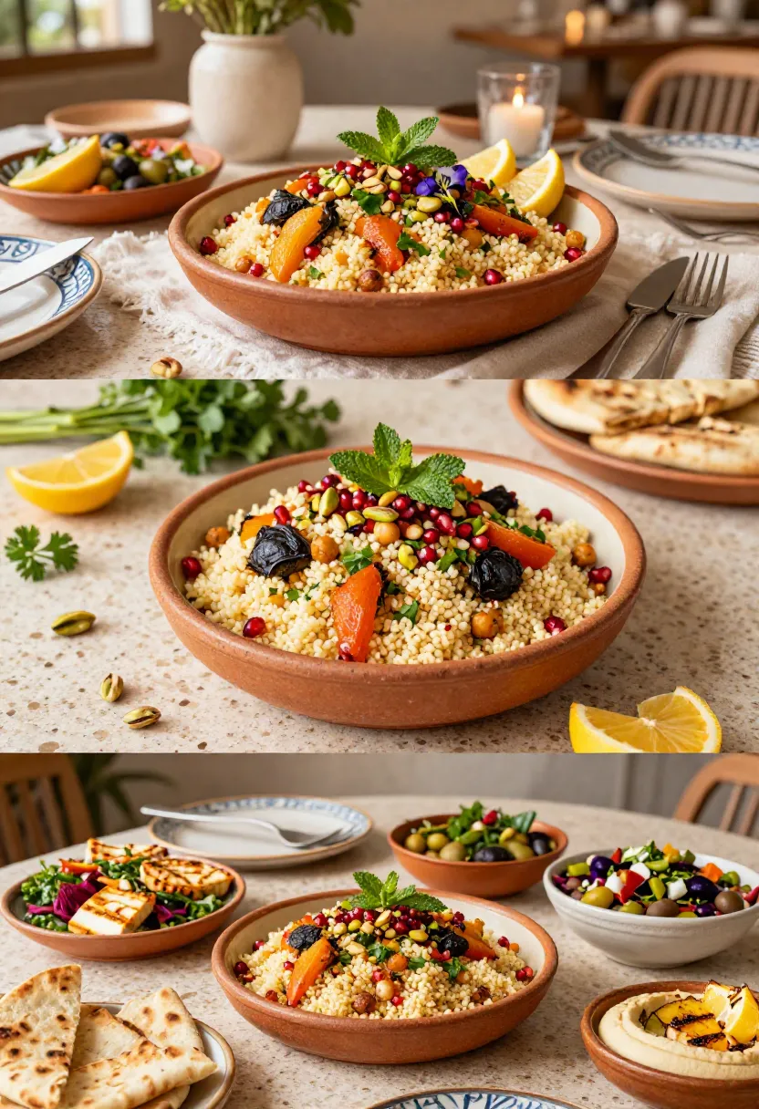Roasted vegetables tossed with fluffy couscous, herbs, and toasted almonds in a colorful serving bowl.