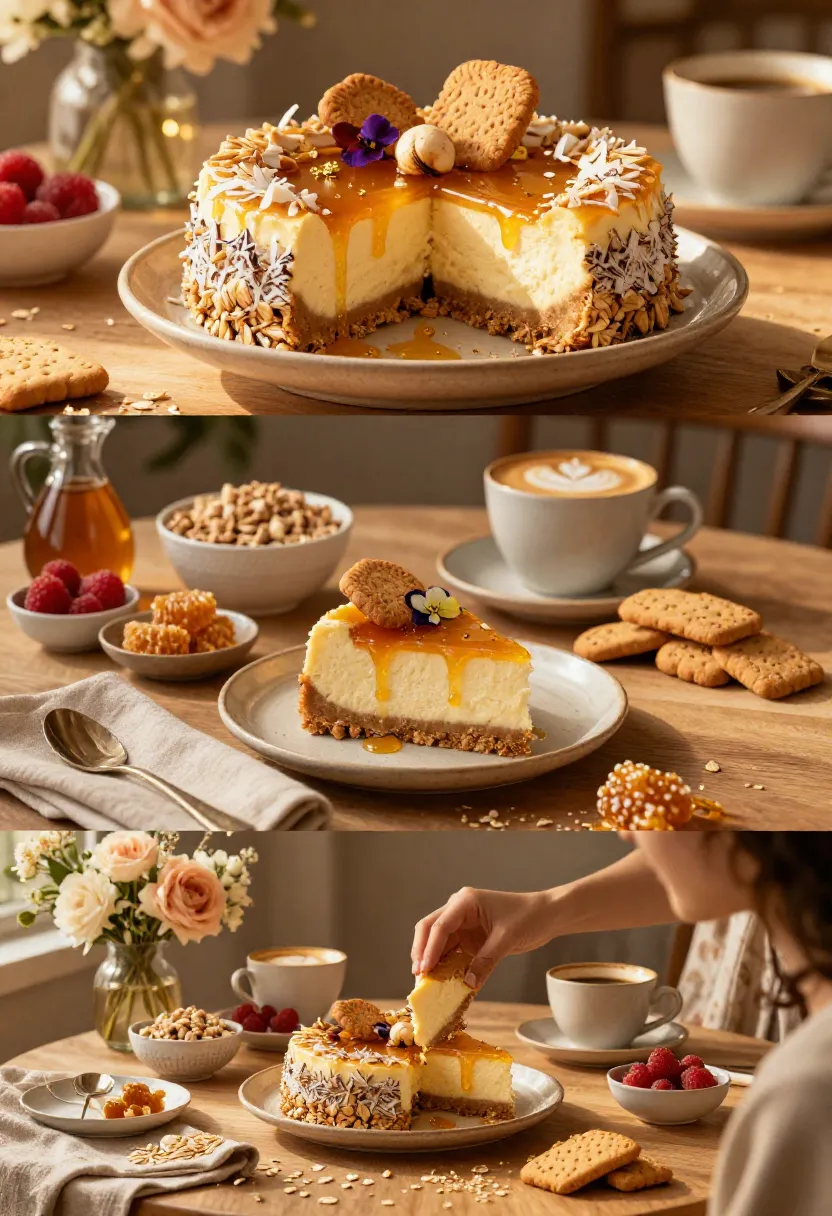 Cheesecake with caramel topping and a nut crust, garnished with cookies and edible flowers on a wooden table.