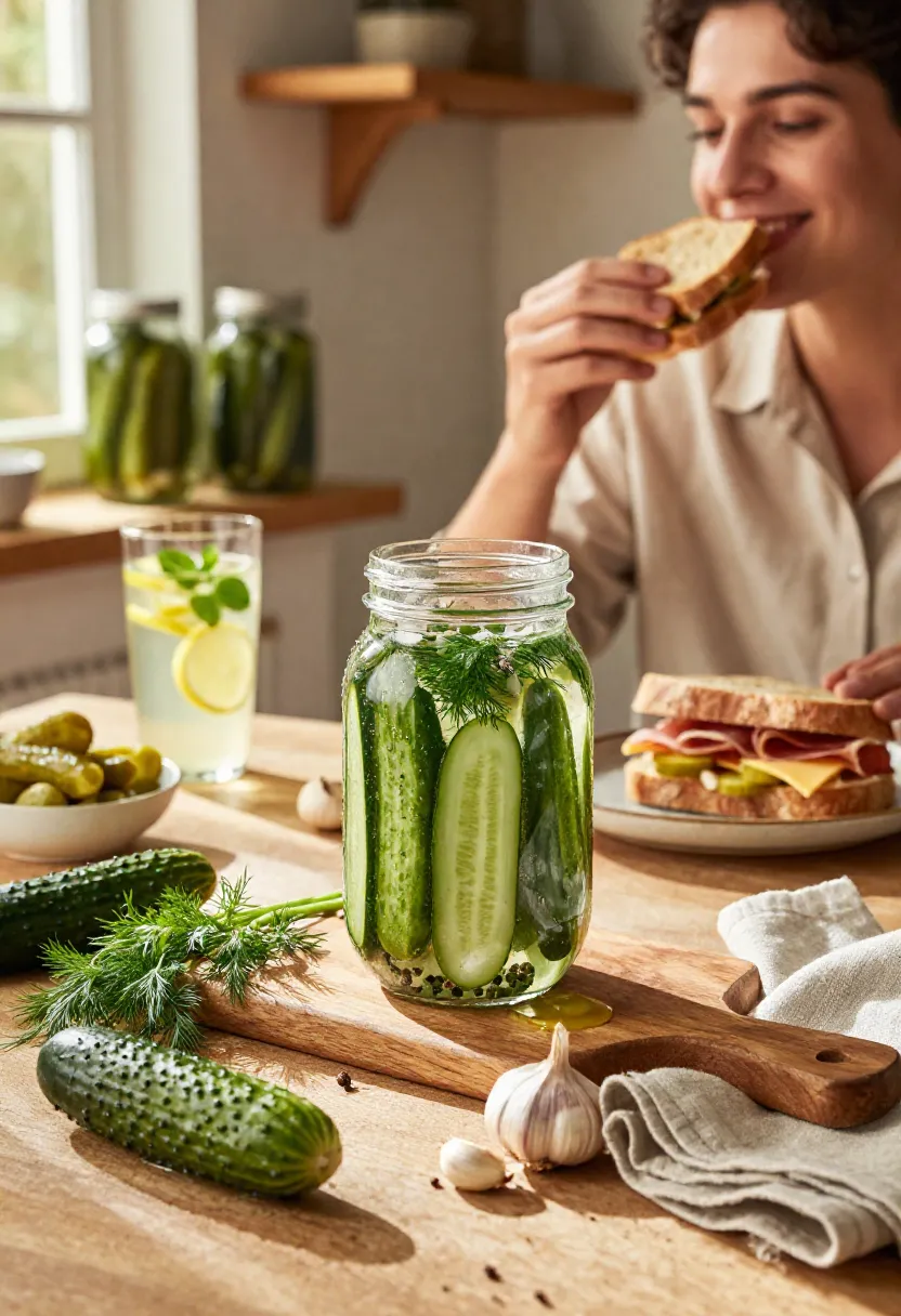 A person enjoying a homemade sandwich with crisp refrigerator pickles beside a large jar of fresh dill pickles on a rustic farmhouse table.