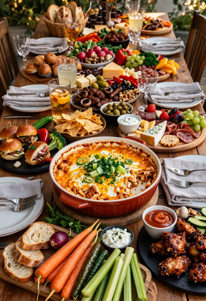 Nearly empty skinny buffalo chicken dip at the center of a lavish party table filled with gourmet appetizers, fresh vegetables, artisan breads, charcuterie, and festive drinks.