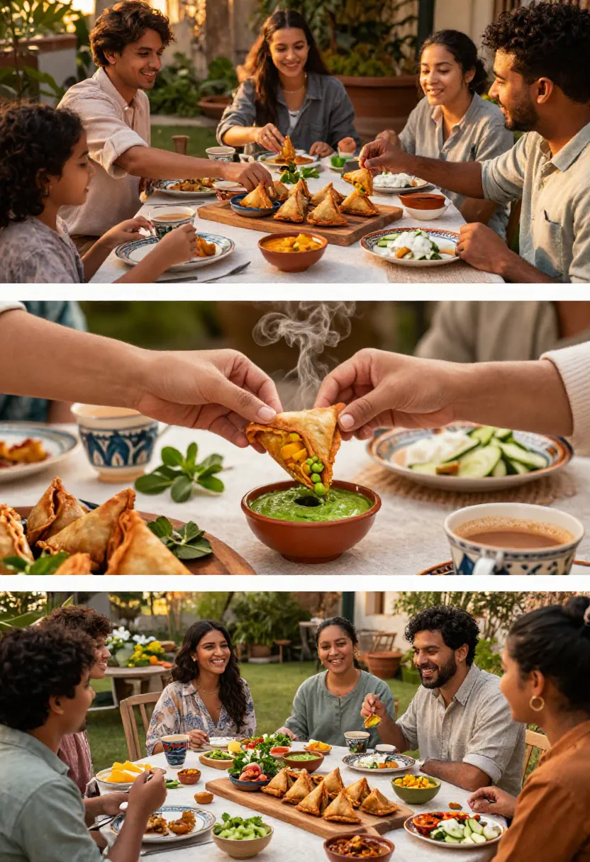 Family and friends enjoying homemade baked samosas with colorful chutneys in cozy gatherings.