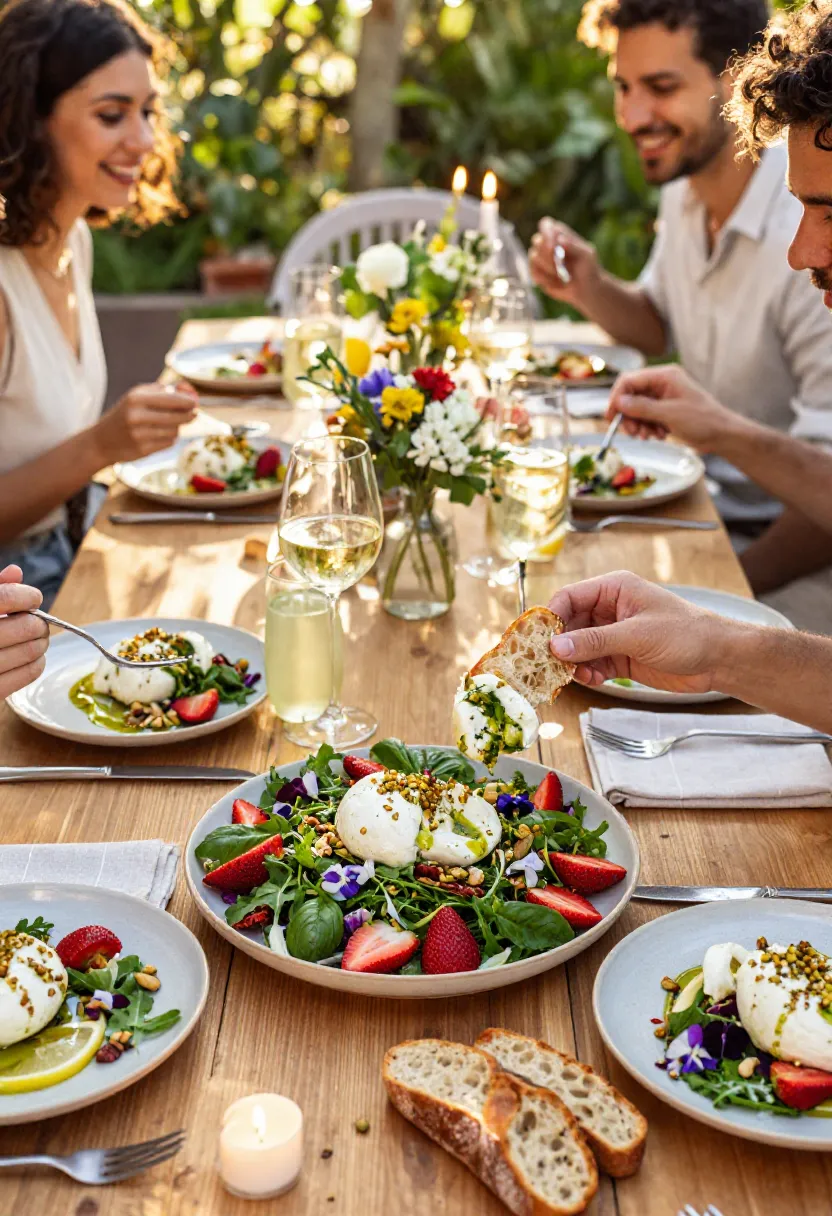 People enjoying Strawberry Burrata Salad together at a bright summer table with fresh seasonal ingredients.