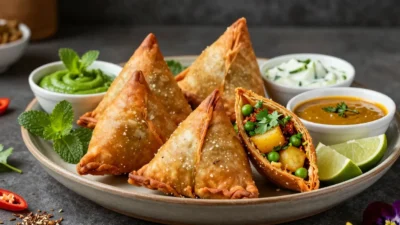 Golden baked samosas with flaky pastry, spiced potato filling, and colorful Indian dipping sauces.