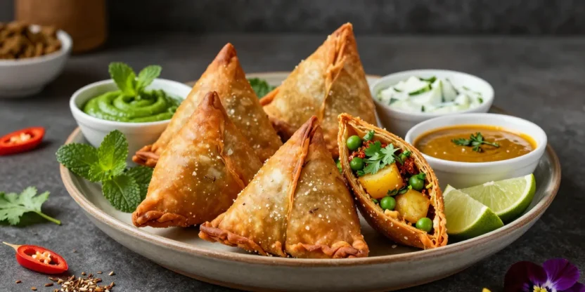 Golden baked samosas with flaky pastry, spiced potato filling, and colorful Indian dipping sauces.