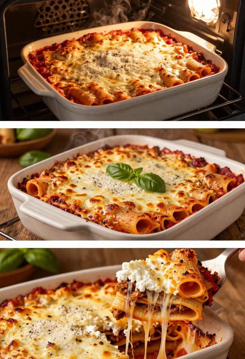 Freshly baked ziti with bubbling cheese, golden crust, and perfectly layered slices fresh from the oven.