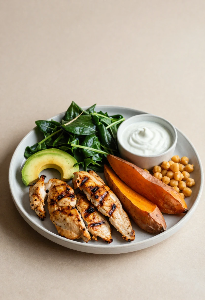 Grilled chicken slices with avocado, greens, roasted sweet potato wedges, chickpeas, and a small yogurt dip on a plate.
