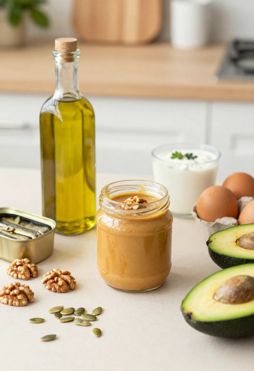 Jar of peanut butter surrounded by walnuts, pumpkin seeds, avocado halves, eggs and a bottle of olive oil on a kitchen counter.