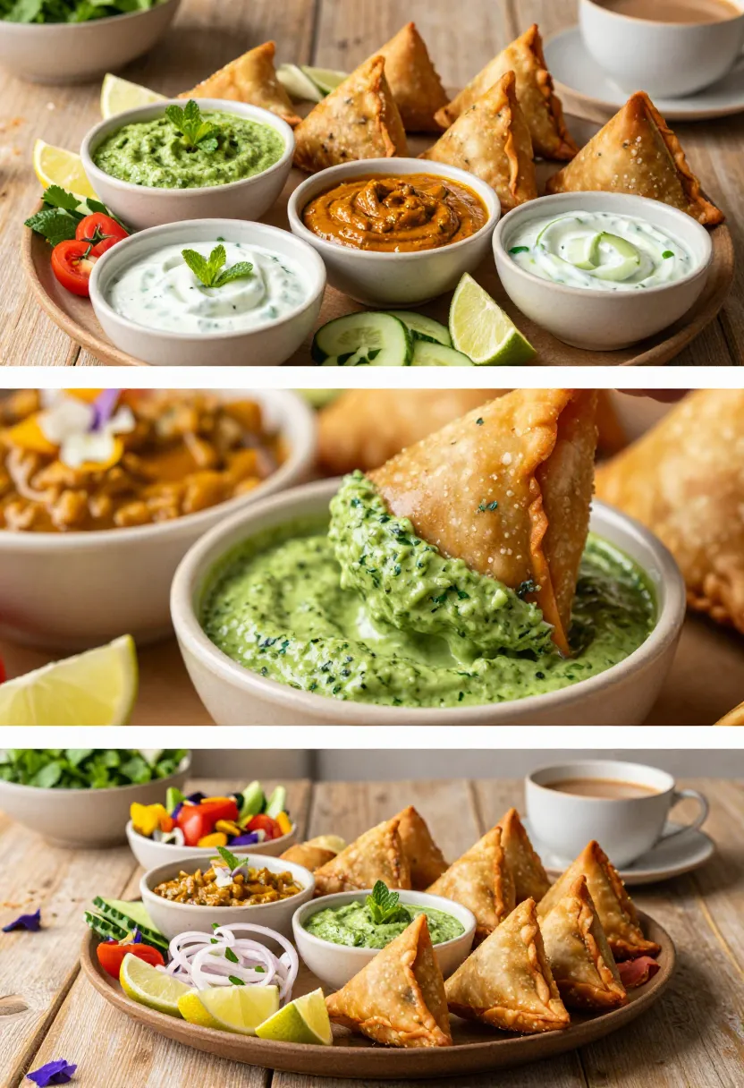 Assorted samosas with green cilantro chutney, yogurt dip, tamarind sauce, lime wedges on a wooden board.