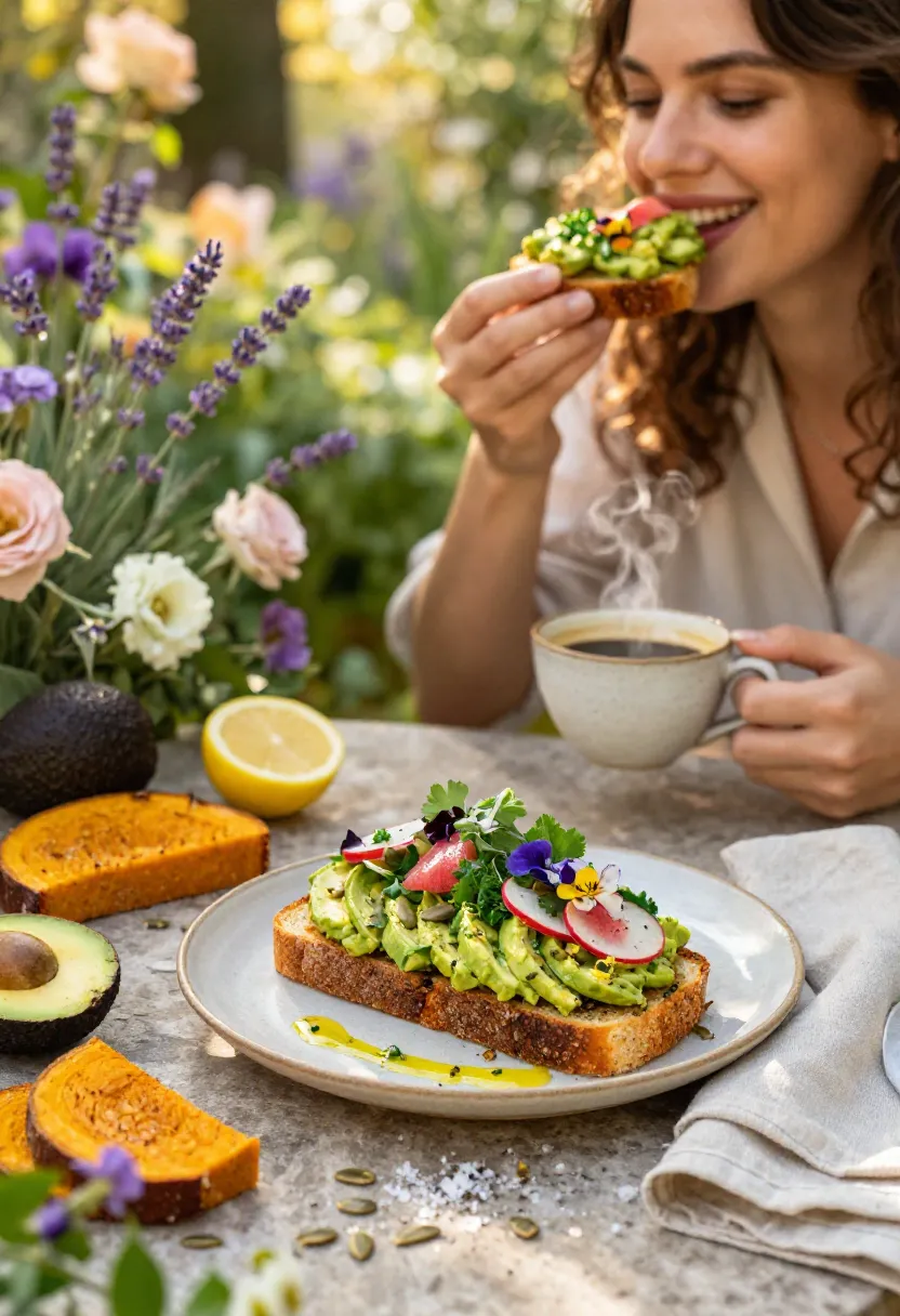 Person enjoying avocado smash on toasted pumpkin loaf with a cup of fresh coffee at a flower-filled garden breakfast table on a sunny spring morning.