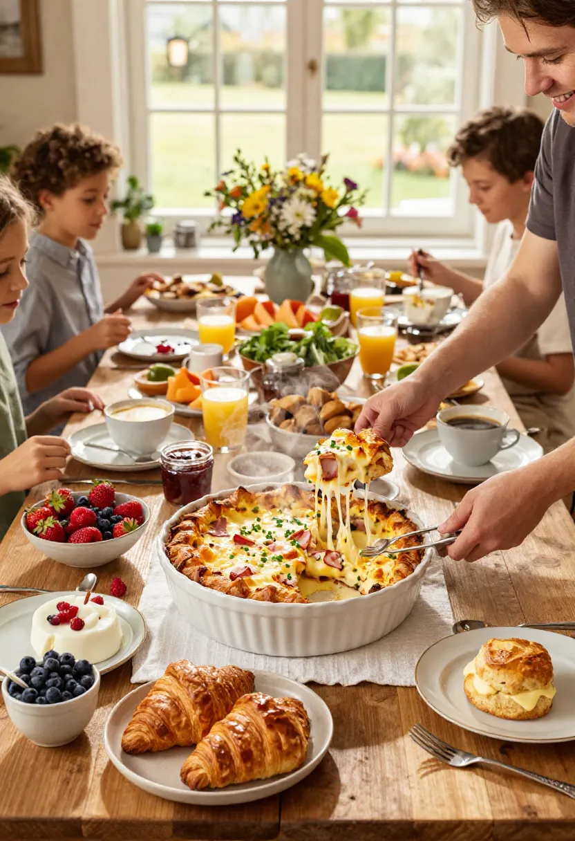 A family serving a golden ham and cheese croissant breakfast bake at the center of a beautifully set brunch table filled with breakfast favorites.