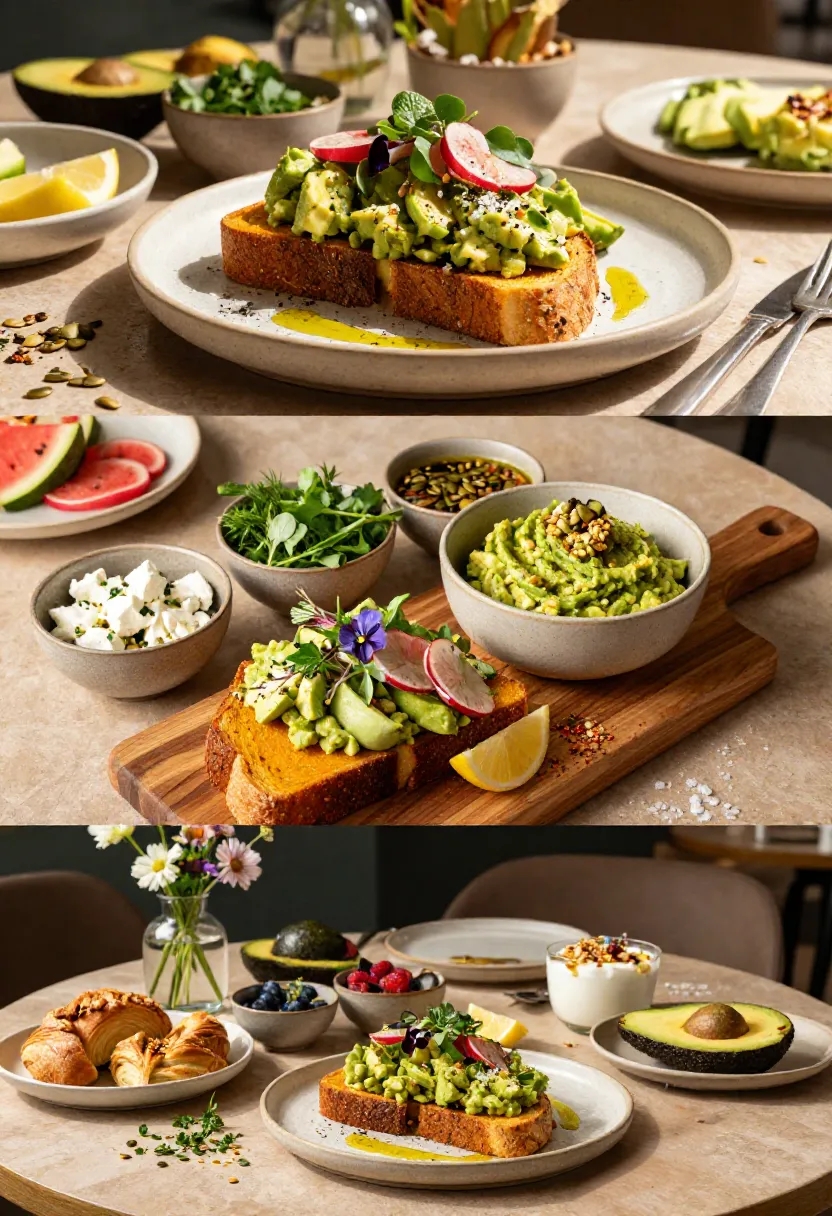 Vertical collage showing Avocado Smash on Pumpkin Loaf as the centerpiece of a relaxed café-style weekend brunch with fresh seasonal accompaniments.