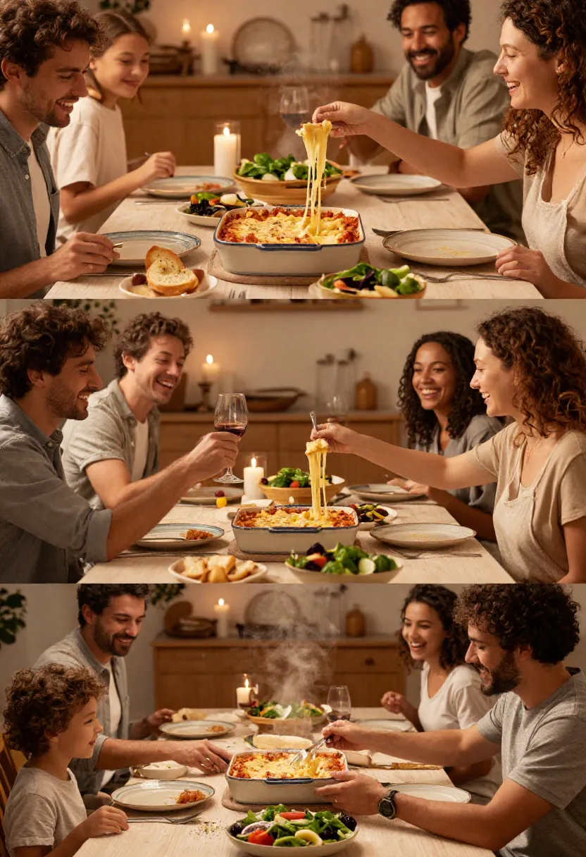 Family and friends enjoying homemade baked ziti around a cozy dinner table.