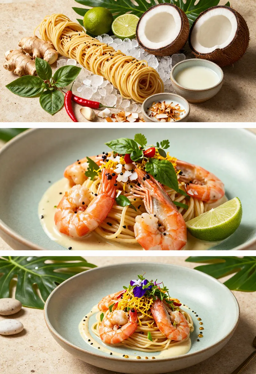 Collage of pasta dishes and fresh ingredients: top shows bundles of linguine on ice with coconut, lime, ginger, basil and chili; middle features a shrimp linguine with a lime wedge; bottom presents a plated shrimp linguine garnished with herbs and edible flowers.