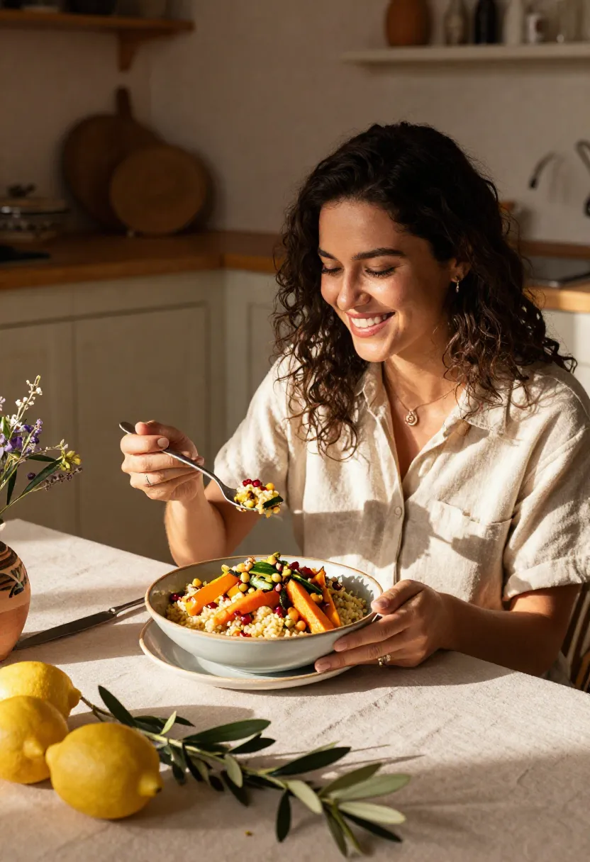 A woman enjoying a bowl of Moroccan roasted vegetable couscous in a warm, inviting dining setting.