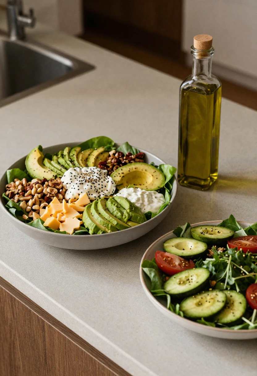 Large overloaded salad with avocado, cheese, nuts, seeds, dressing, and a smaller balanced salad beside it.