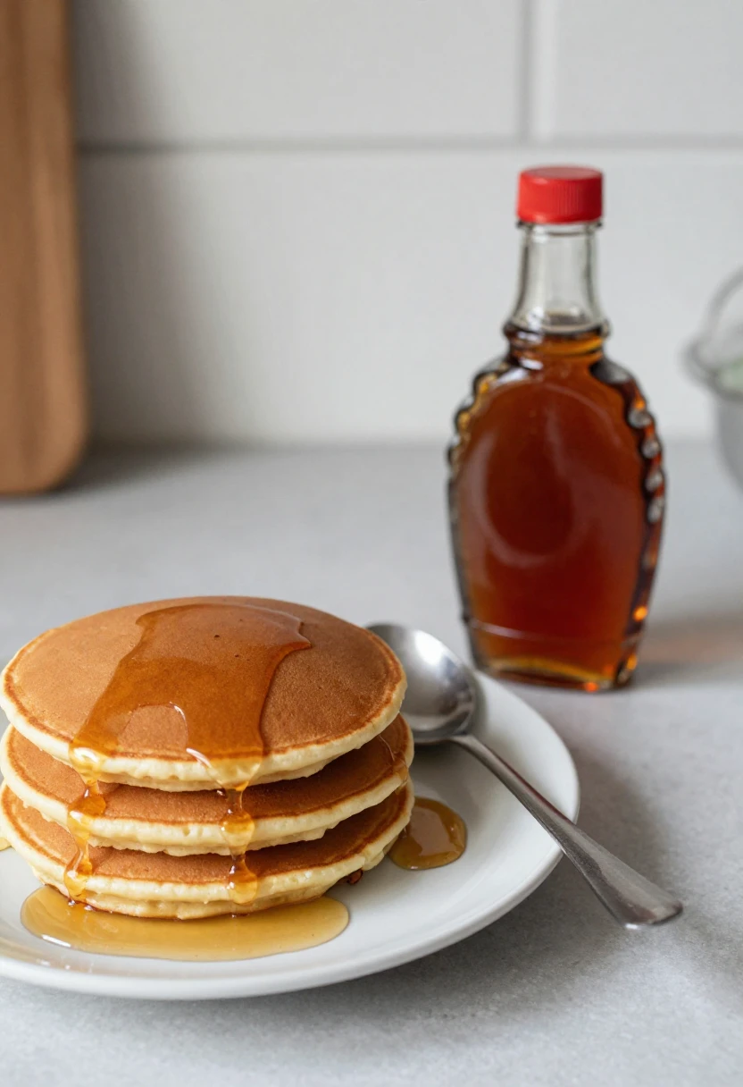 Pancakes with maple syrup served beside a spoon for careful portioning.