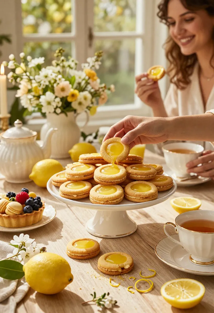 A person enjoying buttery lemon thumbprint cookies with lemon curd at an elegant spring dessert table where the cookies are the centerpiece.