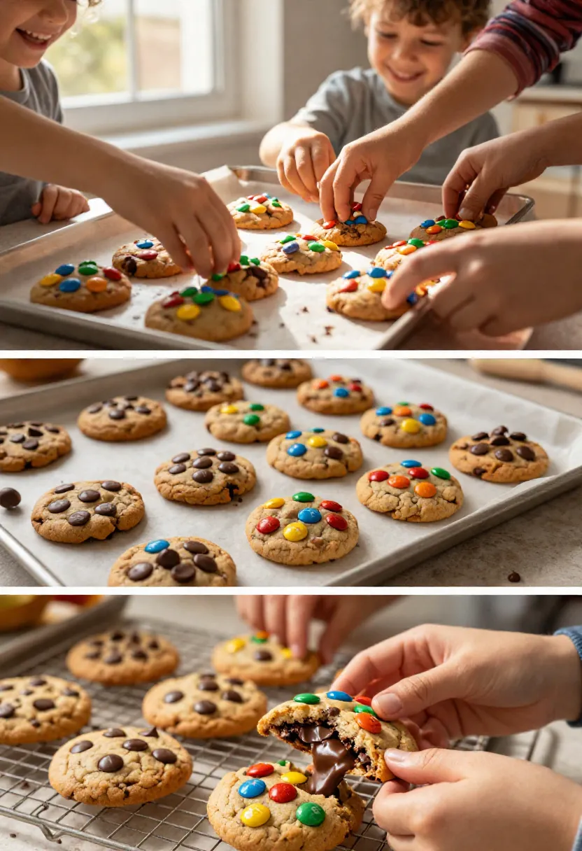 Vertical collage showing family and friends decorating and enjoying freshly baked Chocolate M&M Cookies together.